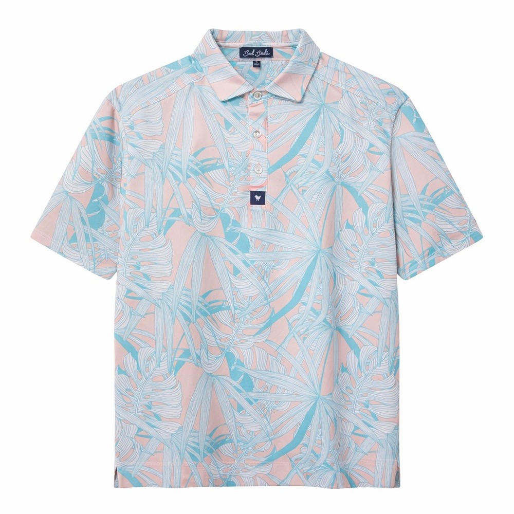 Bad Birdie Polo Shirt Mens Small Pink Blue Tropical Palm Print Golfer Stretch